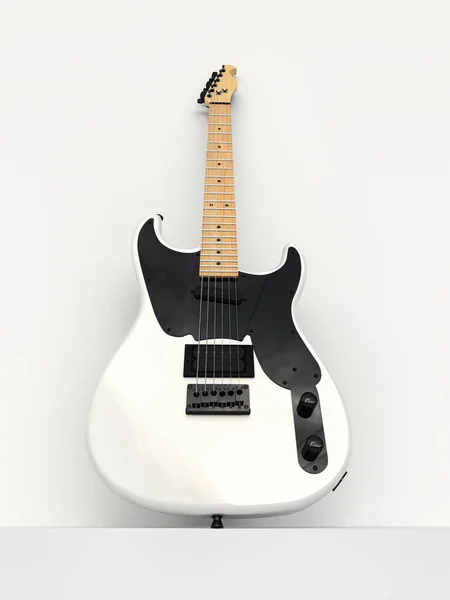 Guitarra Elétrica Branca Preta Seis Cordas Fundo Branco Encostada Parede — Fotografia de Stock