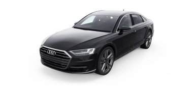 Tula, Rusya. 26 Şubat 2021: Audi A8 Quattro 2020 siyah lüks lüks araba beyaz arka planda izole edildi. 3d oluşturma