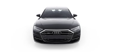 Tula, Rusya. 26 Şubat 2021: Audi A8 Quattro 2020 siyah lüks lüks araba beyaz arka planda izole edildi. 3d oluşturma