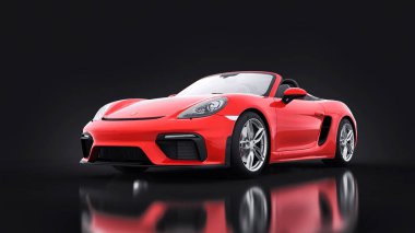 Tula, Rusya. 26 Mart 2021: Porsche 718 Spider 2017 siyah arka planda kırmızı spor araba Cabrio. 3d görüntüleme, 3d illüstrasyon