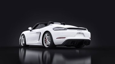 Tula, Russia. March 26, 2021: Porsche 718 Spider 2017 white sports car cabrio on black background. 3d rendering, 3d illustration