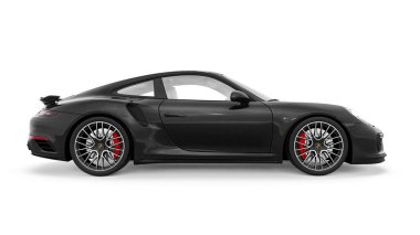 Tula, Rusya. 15 Mart 2021: Porsche 911 Turbo S 2016 siyah spor araba coupe beyaz arka planda izole edildi. 3d oluşturma