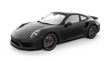 Tula, Rusya. 15 Mart 2021: Porsche 911 Turbo S 2016 siyah spor araba coupe beyaz arka planda izole edildi. 3d oluşturma