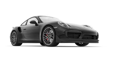 Tula, Rusya. 15 Mart 2021: Porsche 911 Turbo S 2016 siyah spor araba coupe beyaz arka planda izole edildi. 3d oluşturma