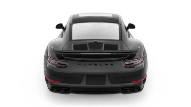 Tula, Rusya. 15 Mart 2021: Porsche 911 Turbo S 2016 siyah spor araba coupe beyaz arka planda izole edildi. 3d oluşturma