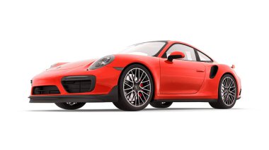 Tula, Rusya. 16 Mart 2021: Porsche 911 Turbo S 2016 kırmızı spor araba coupe beyaz arka planda izole edildi. 3d oluşturma