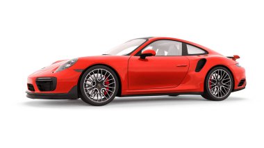 Tula, Rusya. 16 Mart 2021: Porsche 911 Turbo S 2016 kırmızı spor araba coupe beyaz arka planda izole edildi. 3d oluşturma
