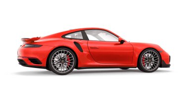 Tula, Rusya. 16 Mart 2021: Porsche 911 Turbo S 2016 kırmızı spor araba coupe beyaz arka planda izole edildi. 3d oluşturma