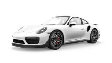 Tula, Rusya. 16 Mart 2021: Porsche 911 Turbo S 2016 beyaz spor araba coupe beyaz arka planda izole edildi. 3d oluşturma