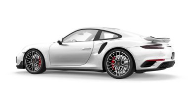 Tula, Rusya. 16 Mart 2021: Porsche 911 Turbo S 2016 beyaz spor araba coupe beyaz arka planda izole edildi. 3d oluşturma