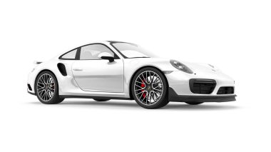 Tula, Rusya. 16 Mart 2021: Porsche 911 Turbo S 2016 beyaz spor araba coupe beyaz arka planda izole edildi. 3d oluşturma