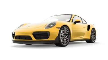 Tula, Rusya. 15 Mart 2021: Porsche 911 Turbo S 2016 sarı spor araba coupe beyaz arka planda izole edildi. 3d oluşturma