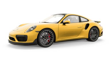 Tula, Rusya. 15 Mart 2021: Porsche 911 Turbo S 2016 sarı spor araba coupe beyaz arka planda izole edildi. 3d oluşturma