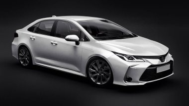 Tula, Rusya. 28 Şubat 2021: Toyota Corolla Sedan 2020 kompakt beyaz araba siyah arka planda izole edildi. 3d oluşturma