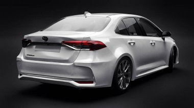 Tula, Rusya. 28 Şubat 2021: Toyota Corolla Sedan 2020 kompakt beyaz araba siyah arka planda izole edildi. 3d oluşturma