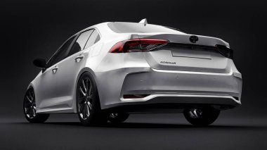 Tula, Rusya. 28 Şubat 2021: Toyota Corolla Sedan 2020 kompakt beyaz araba siyah arka planda izole edildi. 3d oluşturma