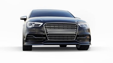 Süper hızlı spor araba beyaz arka planda siyah metalik renkte. Vücut biçimli sedan. Akort sıradan bir aile arabasının bir versiyonu. 3d oluşturma