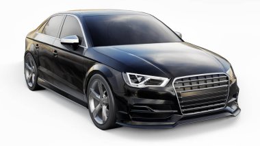 Süper hızlı spor araba beyaz arka planda siyah metalik renkte. Vücut biçimli sedan. Akort sıradan bir aile arabasının bir versiyonu. 3d oluşturma