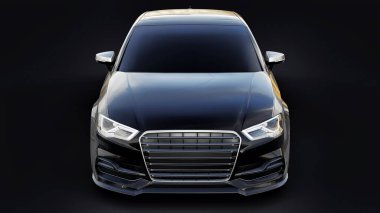 Siyah arka planda süper hızlı spor araba siyah metalik. Vücut biçimli sedan. Akort sıradan bir aile arabasının bir versiyonu. 3d oluşturma.