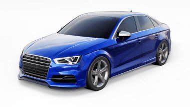Süper hızlı spor araba beyaz arka planda mavi metalik renkte. Vücut biçimli sedan. Akort sıradan bir aile arabasının bir versiyonu. 3d oluşturma.