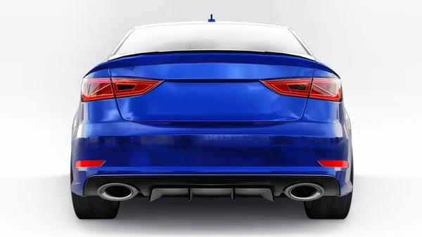 Super cepat mobil sport warna biru metalik pada latar belakang putih. Bentuk tubuh sedan. Tuning adalah versi mobil keluarga biasa. Rendering 3d. — Stok Foto