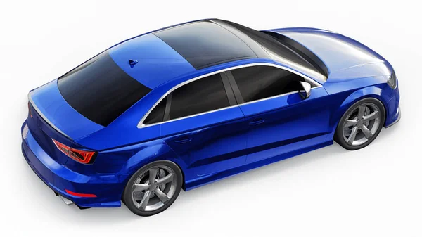 Superschnelle Sportwagenfarbe blau-metallic auf weißem Hintergrund. Karosserieform Limousine. Tuning ist eine Version eines gewöhnlichen Familienautos. 3D-Darstellung. — Stockfoto