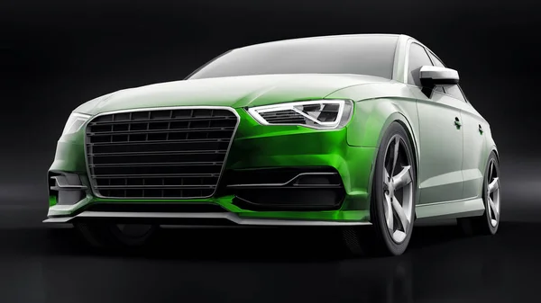 Super fast sports car color green metallic on a black background. Body shape sedan. Tuning is a version of an ordinary family car. 3d rendering.