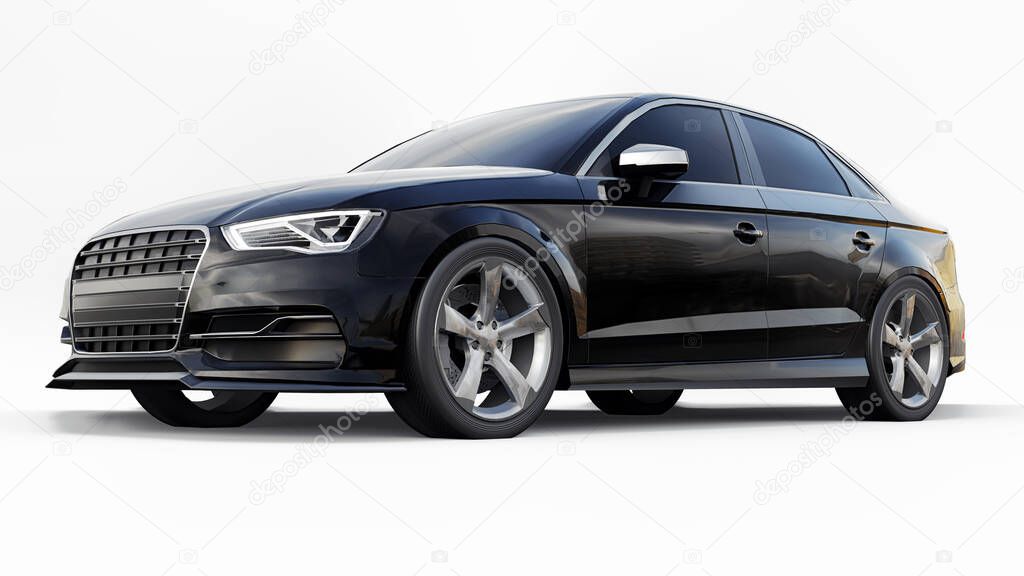 Super fast sports car color black metallic on a white background. Body shape sedan. Tuning is a version of an ordinary family car. 3d rendering