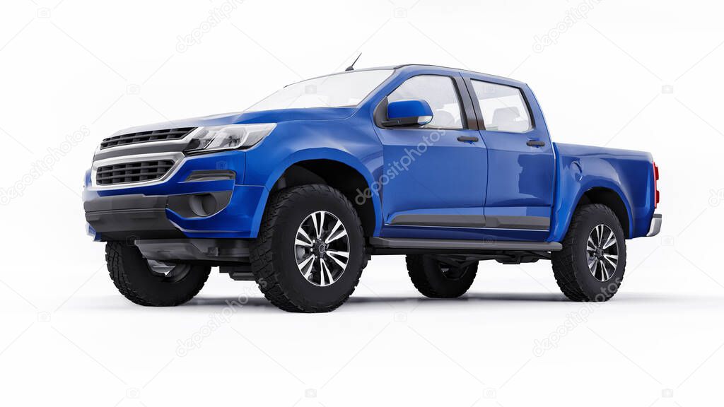 Blue pickup car on a white background. 3d rendering.
