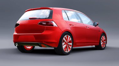 Gri arka planda kırmızı küçük aile arabası hatchback. 3d oluşturma