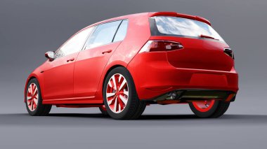 Gri arka planda kırmızı küçük aile arabası hatchback. 3d oluşturma