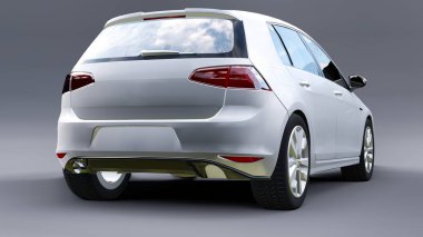 Gri arka planda beyaz aile arabası hatchback 'i. 3d oluşturma