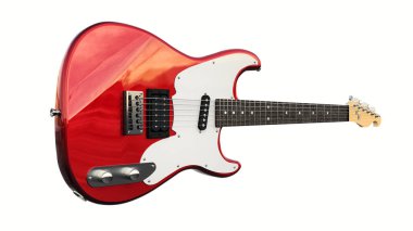 Beyaz izole edilmiş arka planda kırmızı ve beyaz altı telli elektro gitar. 3d oluşturma