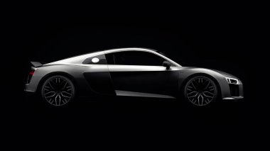 Tula, Rusya. 10 Mayıs 2021: Audi R8 V10 Quattro 2016 gri, şık, siyah arka planda süper spor araba. 3d oluşturma