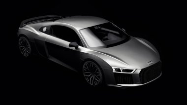 Tula, Rusya. 10 Mayıs 2021: Audi R8 V10 Quattro 2016 gri, şık, siyah arka planda süper spor araba. 3d oluşturma