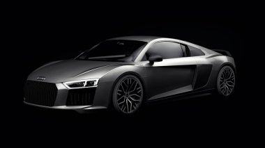 Tula, Rusya. 10 Mayıs 2021: Audi R8 V10 Quattro 2016 gri, şık, siyah arka planda süper spor araba. 3d oluşturma.