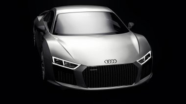 Tula, Rusya. 10 Mayıs 2021: Audi R8 V10 Quattro 2016 gri, şık, siyah arka planda süper spor araba. 3d oluşturma.
