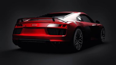 Tula, Rusya. 11 Mayıs 2021: Audi R8 V10 Quattro 2016 siyah arka planda lüks lüks lüks spor araba. 3d oluşturma.