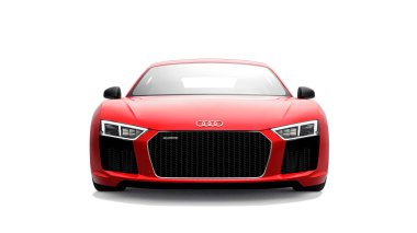 Tula, Rusya. 12 Mayıs 2021: Audi R8 V10 Quattro 2016 kırmızı lüks spor araba beyaz arka planda izole edildi. 3d oluşturma.
