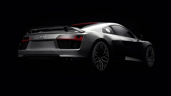 Toula, Russie. 10 mai 2021 : Audi R8 V10 Quattro 2016 gris luxe élégant super voiture de sport sur fond noir. Rendu 3d. — Photo