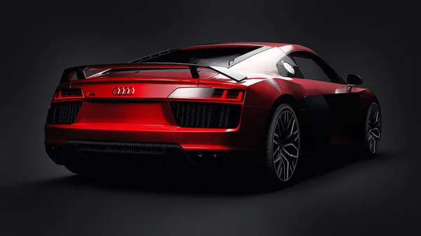 Tula, Rusko. 11. května 2021: Audi R8 V10 Quattro 2016 červené luxusní stylové super sportovní auto na černém pozadí. 3D vykreslování. — Stock fotografie