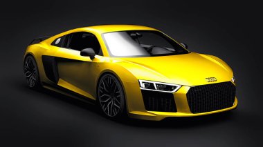 Tula, Rusya. 12 Mayıs 2021: Audi R8 V10 Quattro 2016 sarı lüks süper spor araba siyah arka planda. 3d oluşturma