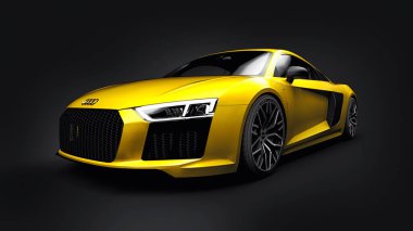 Tula, Rusya. 12 Mayıs 2021: Audi R8 V10 Quattro 2016 sarı lüks süper spor araba siyah arka planda. 3d oluşturma