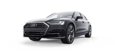 Tula, Rusya. 26 Şubat 2021: Audi A8 Quattro 2020 siyah lüks lüks araba beyaz arka planda izole edildi. 3d oluşturma