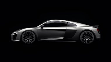 Tula, Rusya. 10 Mayıs 2021: Audi R8 V10 Quattro 2016 gri, şık, siyah arka planda süper spor araba. 3d oluşturma