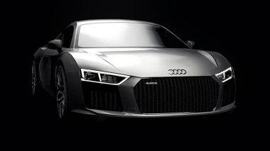 Tula, Rusya. 10 Mayıs 2021: Audi R8 V10 Quattro 2016 gri, şık, siyah arka planda süper spor araba. 3d oluşturma