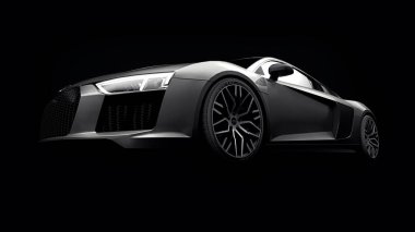 Tula, Rusya. 10 Mayıs 2021: Audi R8 V10 Quattro 2016 gri, şık, siyah arka planda süper spor araba. 3d oluşturma