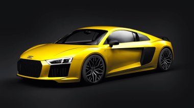 Tula, Rusya. 12 Mayıs 2021: Audi R8 V10 Quattro 2016 sarı lüks süper spor araba siyah arka planda. 3d oluşturma.