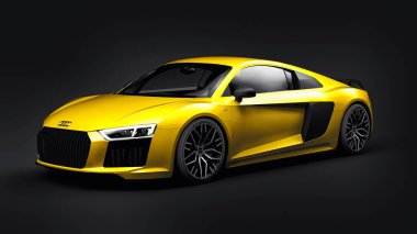 Tula, Russia. May 12, 2021: Audi R8 V10 Quattro 2016 yellow luxury stylish super sport car on black background. 3d rendering. clipart