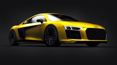 Tula, Rusya. 12 Mayıs 2021: Audi R8 V10 Quattro 2016 sarı lüks süper spor araba siyah arka planda. 3d oluşturma.